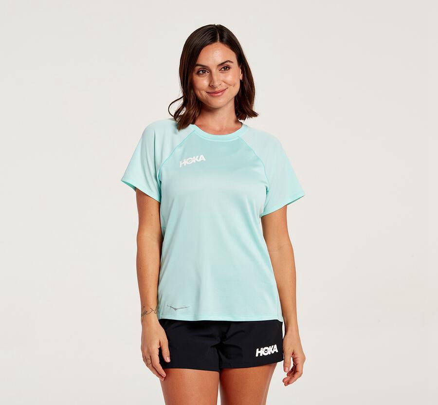 Top Hoka One One Mujer - Performance Short Sleeve - Azules - AVC608479